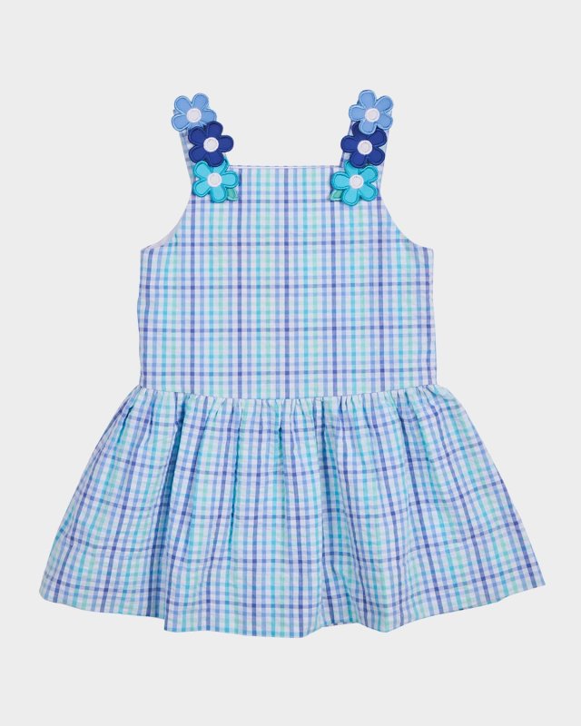 Girl's Flower Embroidery Plaid Seersucker Dress, Size 2-